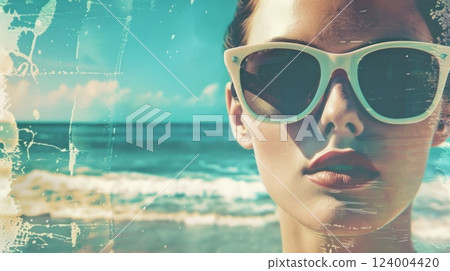 Pretty woman wearing sunglasses on the beach, 60s retro style, summer vacations concept 124004420