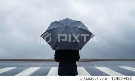 A person holding an umbrella stands in a rainy urban setting, creating a certain mood and atmosphere in the scene 124004428