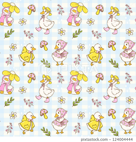 Cute Cottage Core Spring Duck Seamless Pattern on Blue Gingham Girly Cartoon wallpaper 124004444