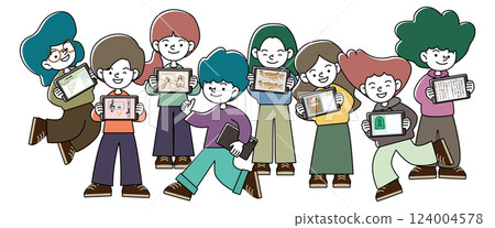 兒童享受平板電腦學習的向量插圖集 124004578