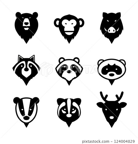 野生動物警告標記、一組地圖別針圖示、黑白 124004829