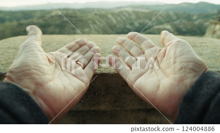 Point Of View Hands Of An Elderly Man Touch The Balcony And Overlooks The Nature 124004886