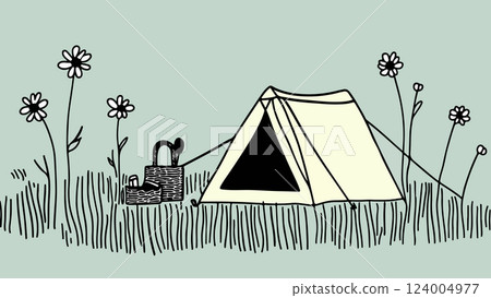 Camping Scene with Tent and Flowers 124004977