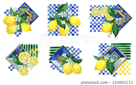 Set of decor for template with blue tiles and lemons. Lemon Citrus Mediterranean decor.  124005213