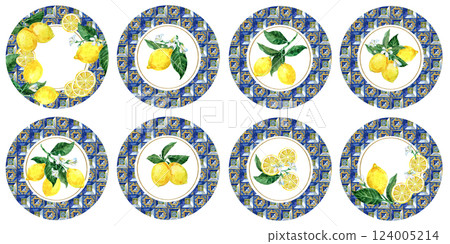Set of plate toppers with blue tiles and lemons. Lemon Citrus Mediterranean decor.  124005214