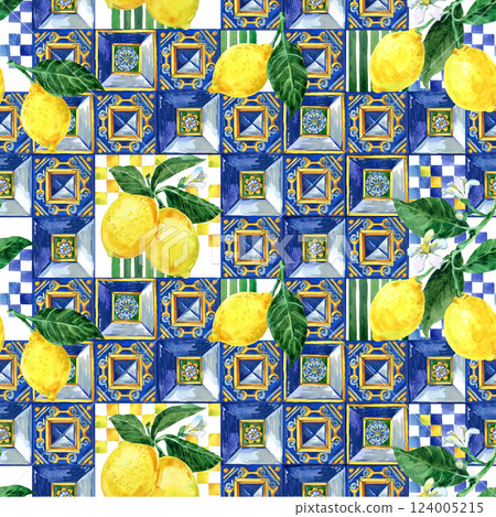 Mediterranean Amalfi Coast pattern. Citrus on ceramic tile.  124005215