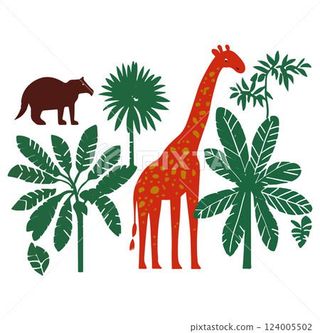 Tropical Jungle Scene with Giraffe and Animal 124005502
