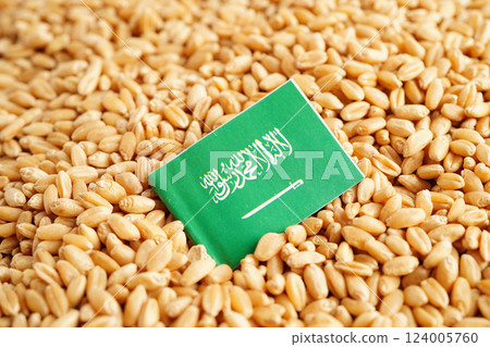 Saudi Arabia flag on grain wheat, trade export and economy concept. 124005760