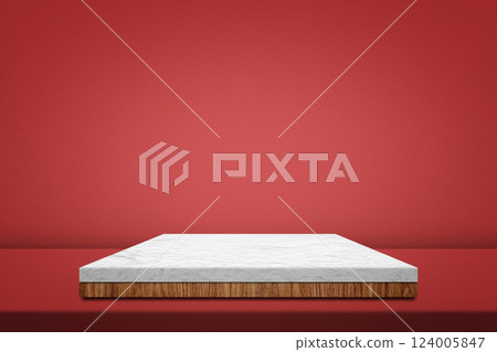 Minimal White Stucco Podium with Spotlight on the Surface of Red Concrete Wall Background Minimal White Stucco Podium with Spotlight on the Surface of Red Concrete Wall Background 124005847