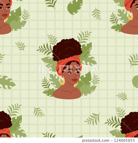 Seamless pattern with Cute pretty African American woman with tropical leaves on green checkered background. Vector illustration 124005853