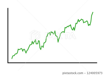 Upward trend, schematic chart. Increasing green line graph depicting an upward trend with fluctuations, indicating growth over time. Greatly simplified symbol of upswing, profit and winning. Vector 124005973