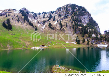 View of the Lake Hinterstocken at the foot of Stockhorn peak in Bernese Oberland, Switzerland 124006176