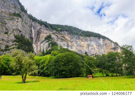 View of Lauterbrunnen Valley in Bernese Oberland, Switzerland. Switzerland nature and travel. Alpine scenery View of Lauterbrunnen Valley in Bernese Oberland, Switzerland. Switzerland nature and travel. Alpine scenery 124006177