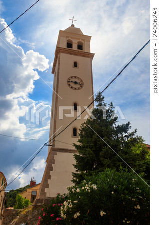 The bell tower of the Church of the Nativity of Mary  in Skradin, Croatia 124006243