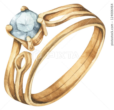Watercolor Diamond Ring. Luxury Wedding Jewelry Illustration for Invitations & Decor 124006464