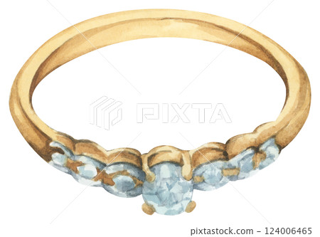 Watercolor Diamond Ring. Luxury Wedding Jewelry Illustration for Invitations & Decor 124006465