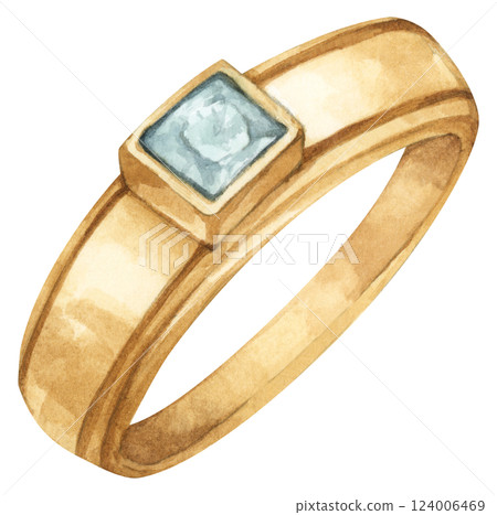 Watercolor Diamond Ring. Luxury Wedding Jewelry Illustration for Invitations & Decor 124006469