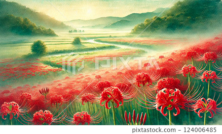 A cluster of red spider lilies dyed in the morning glow - a fantastical watercolor landscape 124006485