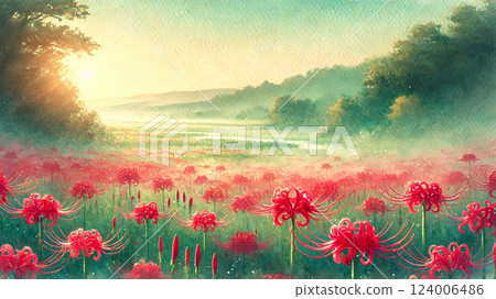 A cluster of red spider lilies dyed in the morning glow - a fantastical watercolor landscape 124006486
