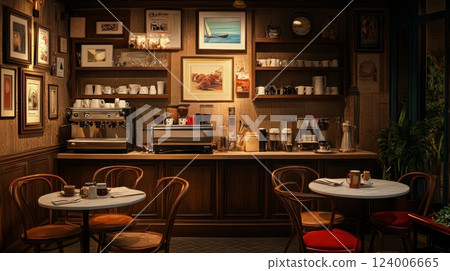 A cozy coffee shop interior that is flooded with natural light and features beautifully rustic decor elements 124006665