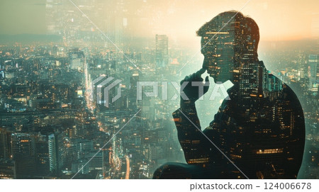 A thoughtful and pensive man is overlooking a captivating cityscape enhanced with a digital creative overlay 124006678
