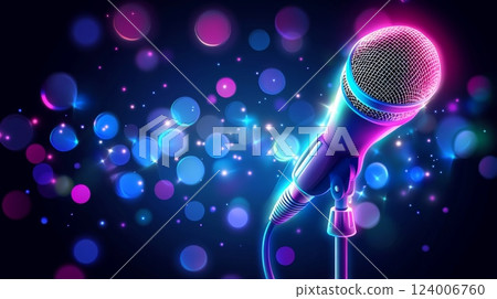 A Classic Retro Microphone Set Against a Beautiful Blue Bokeh Background Creating a Stunning Visual Effect 124006760