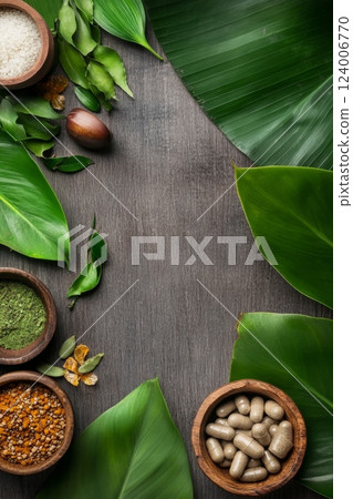 Vibrant and Colorful Spices Arranged in Natural Bowls Set Against a Background of Lush Tropical Leaves 124006770