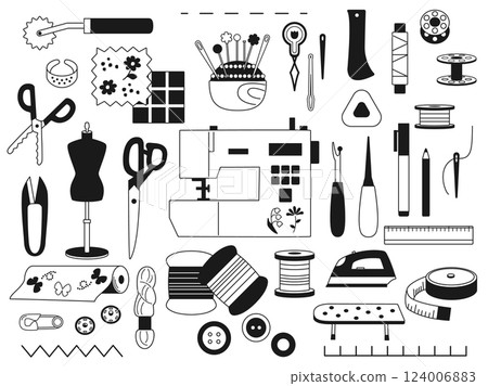A set of illustrations of sewing tools such as sewing machines, pincushions, and fabrics (monochrome version) A set of illustrations of sewing tools such as sewing machines, pincushions, and fabrics (monochrome version) 124006883