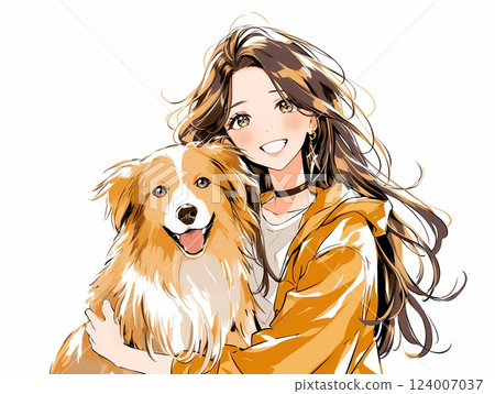 A woman and her dog standing close together with happy smiles A woman and her dog standing close together with happy smiles 124007037