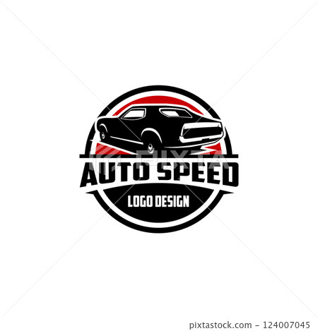 Mustang car vector logo design. Vector silhouette. Isolated white background seen from behind. Best for logo design, badge, emblem, icon, sticker. Available in eps 10 124007045