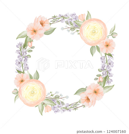 Spring Flowers Wreath, circle Frame, Border from Ranunculus and Freesia, Peach or Cherry, Sakura. Watercolor hand painted botanical illustration isolated on a white background. 124007160