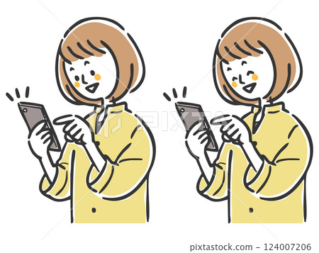 Smiling woman operating a smartphone, upper body, vector Smiling woman operating a smartphone, upper body, vector 124007206