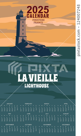 Calendar Monthly 2025 Travel retro poster La Vieille Lighthouse 124007248