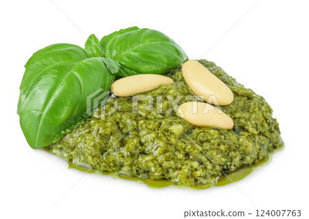 Pesto sauce isolated on white background. Top view. Flat lay Pesto sauce isolated on white background. Top view. Flat lay 124007763