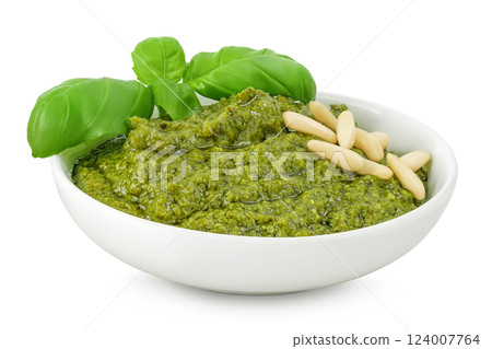 Pesto sauce in ceramic bowl isolated on white background Pesto sauce in ceramic bowl isolated on white background 124007764