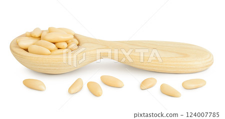 Shelled European pine nuts in wooden spoon isolated on white background with full depth of field 124007785