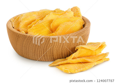 dried mango in wooden bowl isolated on white background 124007787