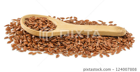 flaxseed in wooden spoon isolated on white background. 124007808