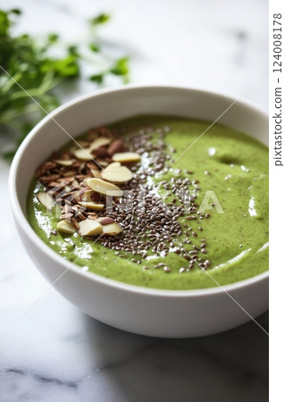 Green Smoothie Bowl with Toppings in White Ceramic Bowl Green Smoothie Bowl with Toppings in White Ceramic Bowl 124008178