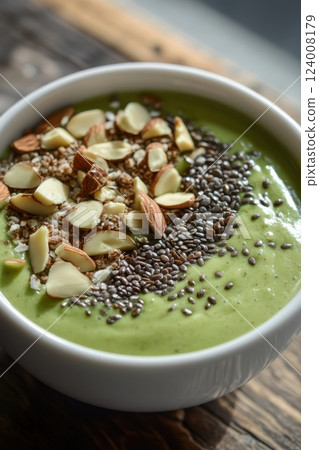 Creamy Green Smoothie Bowl with Nutty Toppings and Seeds Creamy Green Smoothie Bowl with Nutty Toppings and Seeds 124008179