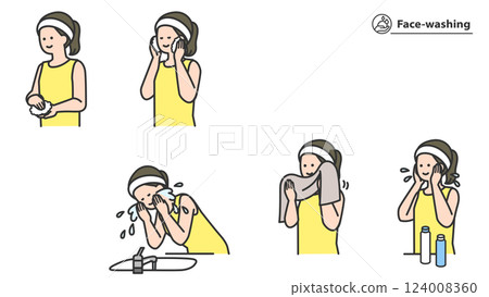 Woman washing her face, set, variations Woman washing her face, set, variations 124008360