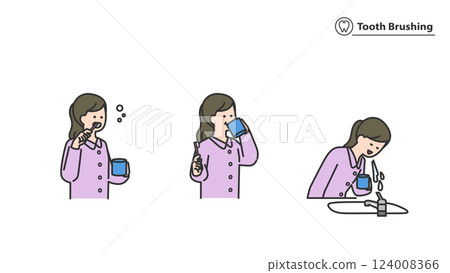 Woman brushing her teeth, set, variations Woman brushing her teeth, set, variations 124008366