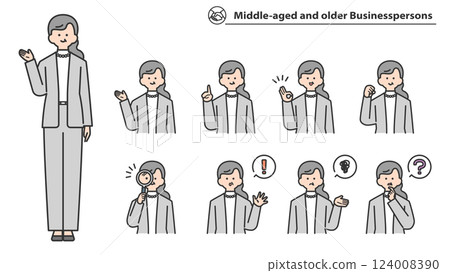中年女商人，臉部表情和姿勢變化，集合 124008390
