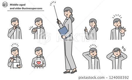 中年女商人，臉部表情和姿勢變化，集合 124008392