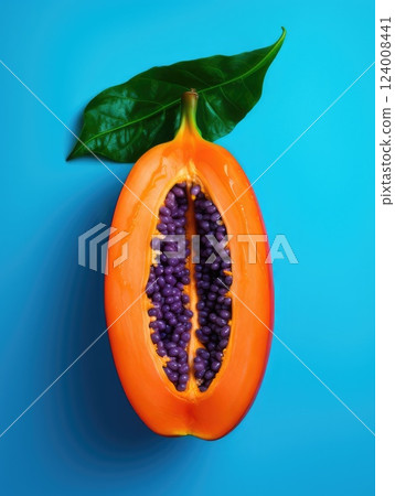half of a juicy papaya on a blue background top view. bright colors. Contrasting composition. vertical position 124008441