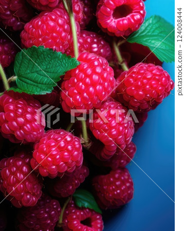 ripe bright raspberries on a blue background. contrasting bright vertical card 124008444