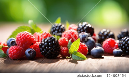 berries on wooden table outdoors. strawberries, raspberries, blueberries, blackberries 124008464