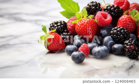berries on marble table with copy space. strawberries, raspberries, blueberries, blackberries 124008465