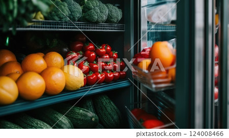 fruits and vegetables on the shelves in the refrigerator 124008466