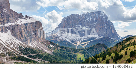Scenic mountain landscape with snowy peaks and forested valleys near Valley of Funes at Dolomites, Italy Scenic mountain landscape with snowy peaks and forested valleys near Valley of Funes at Dolomites, Italy 124008482